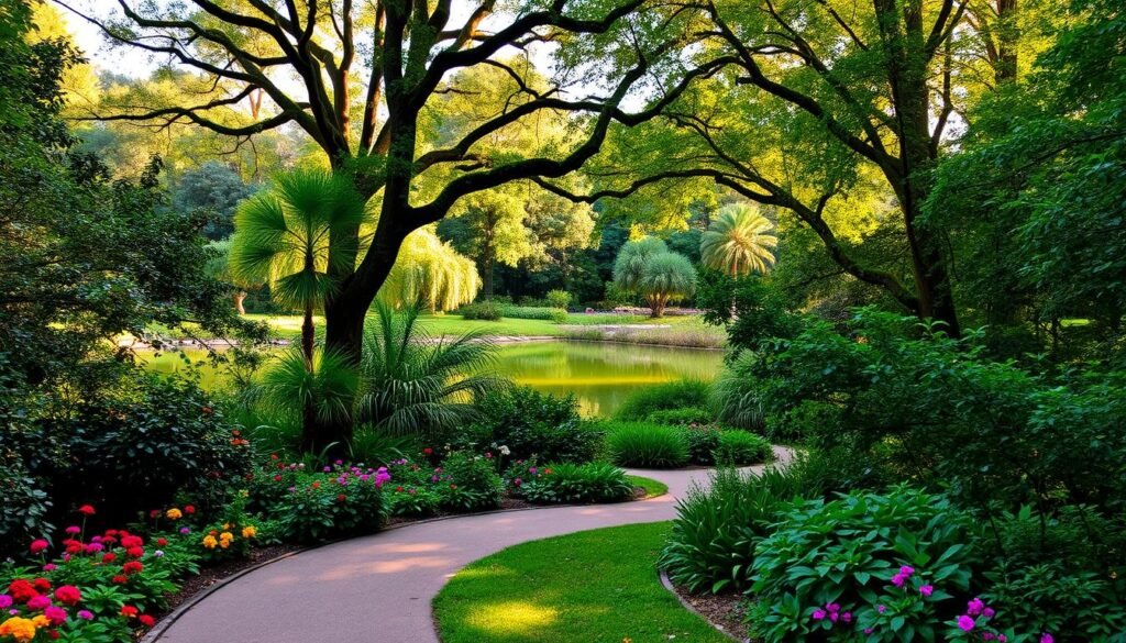A lush, serene landscape at Kanapaha Botanical Gardens, Gainesville, Florida. The foreground features a winding path lined with vibrant flowers and foliage, inviting visitors to explore. In the middle ground, a tranquil pond reflects the surrounding trees and shrubs, creating a peaceful ambiance. The background showcases the rich, verdant canopy of the gardens, dappled with warm, golden sunlight filtering through the leaves. The scene evokes a sense of serenity and natural harmony, perfectly capturing the essence of a garden stroll in this botanical oasis.