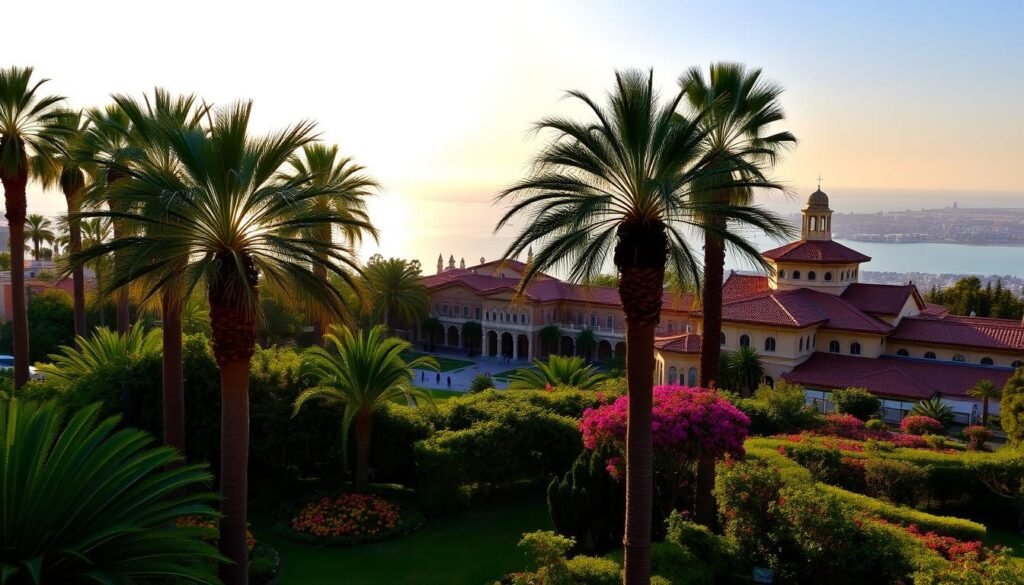 A lush, sprawling garden with towering palm trees and vibrant floral displays in the foreground. In the middle ground, a grand Spanish Colonial-style architectural complex with iconic red-tile roofs and ornate, intricate details. Beyond, a panoramic view of the San Diego skyline, with the sparkling azure waters of the bay in the distance, under a warm, golden-hour sky. A lush, sprawling garden with towering palm trees and vibrant floral displays in the foreground. In the middle ground, a grand Spanish Colonial-style architectural complex with iconic red-tile roofs and ornate, intricate details. Beyond, a panoramic view of the San Diego skyline, with the sparkling azure waters of the bay in the distance, under a warm, golden-hour sky.