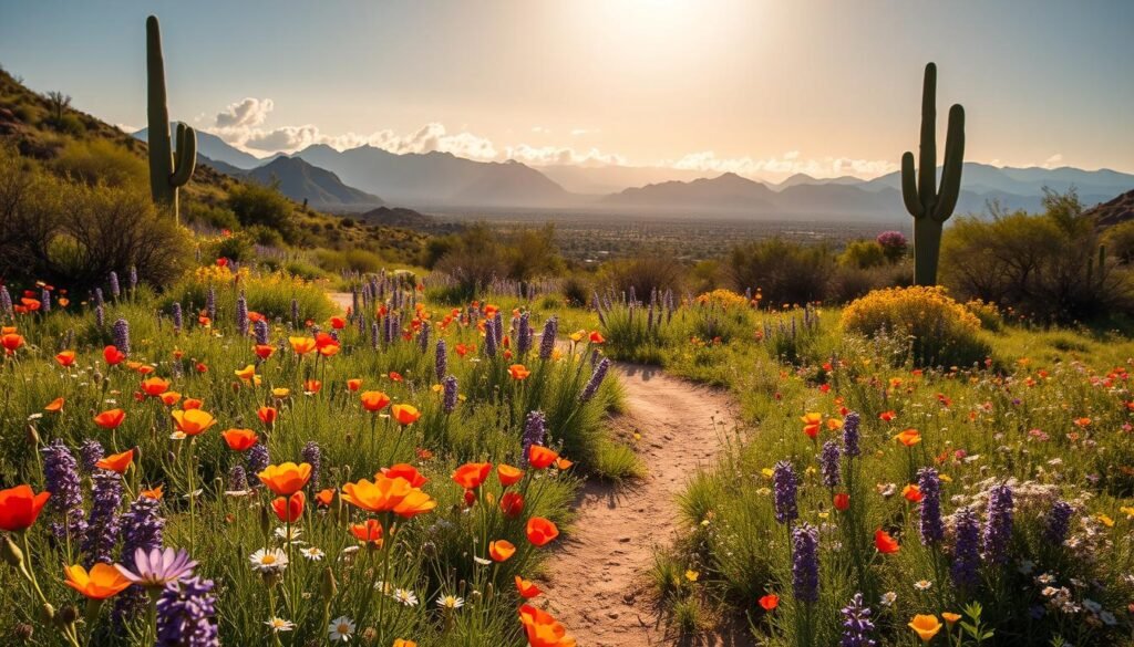 A lush, sun-dappled meadow in the rolling Arizona hills, carpeted with an abundance of vibrant spring wildflowers. In the foreground, a kaleidoscope of delicate blooms - vibrant poppies, fragrant lavender, and delicate wildflowers swaying gently in a light breeze. The mid-ground features a winding dirt path leading the eye deeper into the scene, framed by towering saguaro cacti and shrubs in full bloom. In the distance, a panoramic vista of rugged, sun-kissed mountains, their peaks touched by wispy clouds. Warm, golden light filters through the landscape, creating a serene, inviting atmosphere that captures the essence of springtime in Arizona.