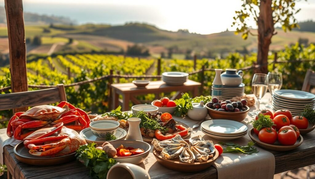 A lush, sun-dappled scene of a rustic alfresco dining setup in Monterey's picturesque coastal region. In the foreground, an artfully arranged spread of local seafood delicacies - tender Dungeness crab, briny oysters, and fresh-caught squid - alongside a selection of locally-grown produce, such as juicy heirloom tomatoes, crisp greens, and fragrant herbs. In the middle ground, a weathered wooden table adorned with a simple linen tablecloth, complemented by an array of handcrafted ceramic plates and glassware. The background features a backdrop of rolling hills and verdant vineyards, with the shimmering Pacific Ocean peeking through in the distance. The lighting is soft and golden, creating a warm, inviting atmosphere evocative of the region's laid-back, epicurean lifestyle.