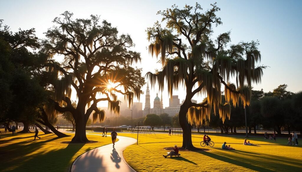 A lush, verdant city park in New Orleans, bathed in warm, golden afternoon sunlight. In the foreground, a winding path dotted with joggers and cyclists, framed by towering live oak trees draped in Spanish moss. In the middle ground, families picnicking on the grass, children playing on swings and slides. In the background, the iconic skyline of the Big Easy, its historic architecture silhouetted against a clear, azure sky. The atmosphere is one of tranquility and leisure, a peaceful oasis amidst the vibrant energy of the city.