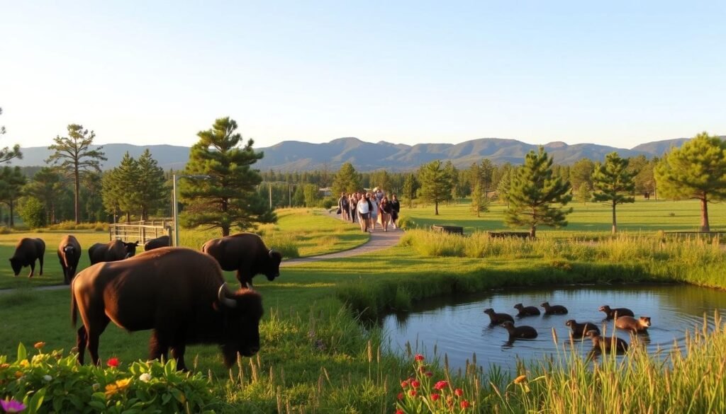 A lush, verdant landscape filled with towering pine trees and winding paths, where the Beavers Bend Safari Park nestles. In the foreground, a herd of majestic bison grazes peacefully, their thick coats glistening under the warm, golden light of the afternoon sun. Nearby, a family of playful river otters frolics in a serene pond, surrounded by vibrant wildflowers and tall grasses. In the middle ground, a group of visitors strolls through the park, marveling at the diverse array of native wildlife, including white-tailed deer and black bears. The background is dominated by the gently rolling hills of the Kiamichi Mountains, their peaks casting long shadows across the scene. This idyllic setting captures the essence of the Beavers Bend Safari Park, a true wildlife haven within the heart of Broken Bow, Oklahoma.