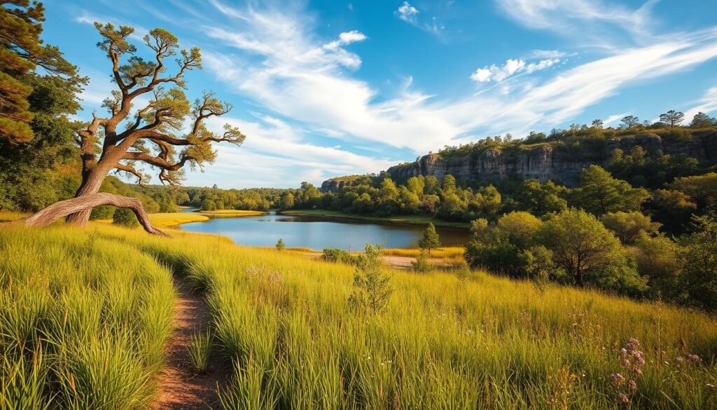A lush, verdant landscape of Gainesville's Paynes Prairie, the "preserve state" stands as a testament to the region's natural beauty. In the foreground, a winding hiking trail meanders through towering grass and wildflowers, inviting exploration. The middle ground features a tranquil pond, its surface reflecting the azure sky dotted with wispy clouds. In the distance, the rugged cliffs of the Devil's Millhopper geological site rise, their dramatic contours carved by the relentless forces of nature. Warm, golden sunlight filters through the canopy of ancient live oaks, casting a serene glow over the entire scene. This image captures the essence of Gainesville's outdoor adventures, where visitors can immerse themselves in the region's stunning natural preserves.