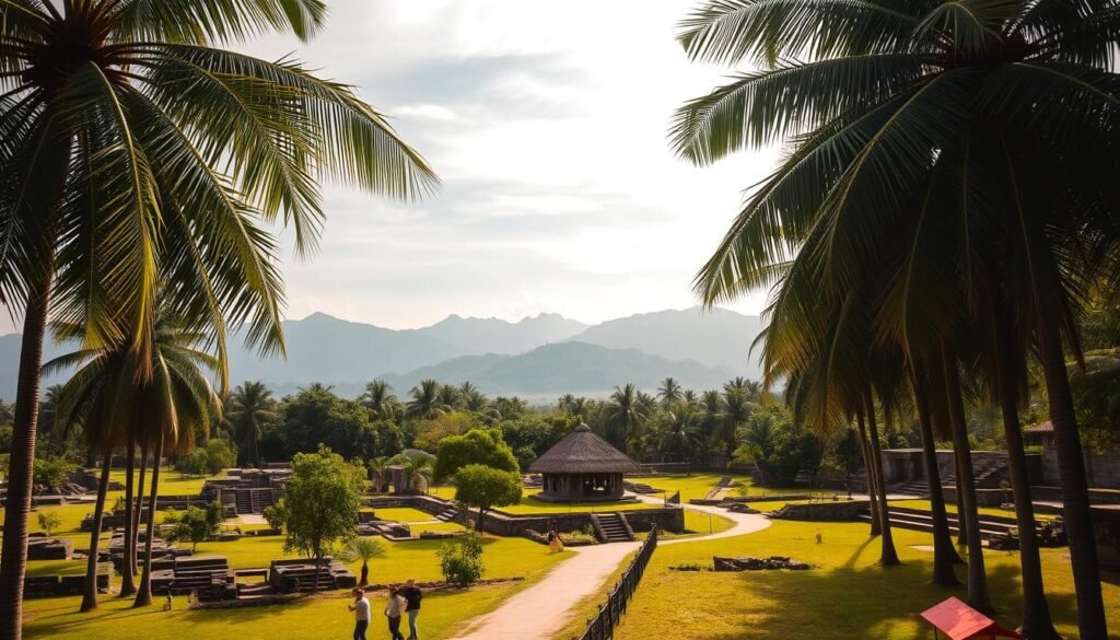 A lush, verdant landscape of a national historical park, with towering palm trees swaying gently in the warm breeze. In the foreground, a winding path leads visitors through a serene, well-preserved archaeological site, showcasing ancient ruins and intricate stone carvings. The middle ground features a traditional thatched-roof structure, a testament to the cultural heritage of the region. In the background, majestic mountains rise, their peaks capped with wispy clouds, creating a tranquil and picturesque scene. Soft, natural lighting filters through the canopy, casting a warm, golden glow over the entire landscape, inviting visitors to immerse themselves in the rich history and cultural significance of this captivating national park.