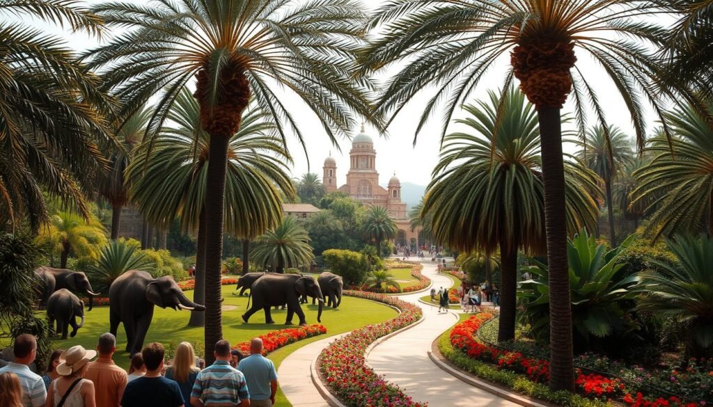 A lush, verdant landscape with towering palm trees swaying gently in the warm breeze. In the foreground, a group of curious visitors admiring a family of elephants gracefully roaming their expansive enclosure, their trunks reaching out to greet the onlookers. The middle ground features a winding path leading deeper into the zoo, flanked by vibrant flower beds and the occasional glimpse of other exotic animals. In the background, the iconic architecture of the San Diego Zoo's historic buildings stands tall, creating a harmonious blend of nature and human-made wonders. Soft, diffused sunlight filters through the canopy, casting a serene, golden glow over the entire scene, inviting visitors to immerse themselves in the magical world of the San Diego Zoo experience. A lush, verdant landscape with towering palm trees swaying gently in the warm breeze. In the foreground, a group of curious visitors admiring a family of elephants gracefully roaming their expansive enclosure, their trunks reaching out to greet the onlookers. The middle ground features a winding path leading deeper into the zoo, flanked by vibrant flower beds and the occasional glimpse of other exotic animals. In the background, the iconic architecture of the San Diego Zoo's historic buildings stands tall, creating a harmonious blend of nature and human-made wonders. Soft, diffused sunlight filters through the canopy, casting a serene, golden glow over the entire scene, inviting visitors to immerse themselves in the magical world of the San Diego Zoo experience.