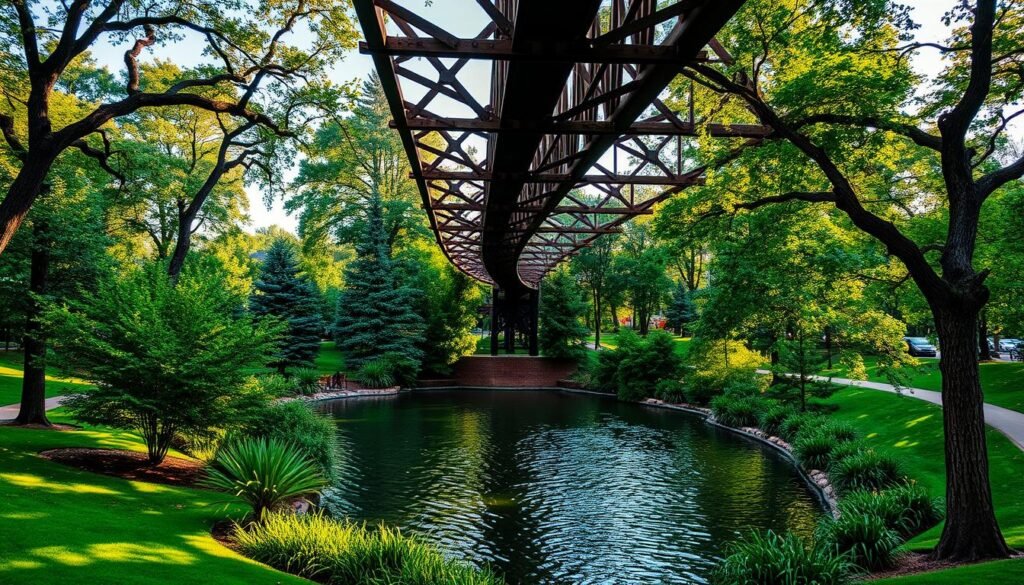 A lush, verdant oasis in the heart of Birmingham's bustling downtown, Railroad Park is a tranquil sanctuary of towering trees, verdant lawns, and winding paths. Capture the scene with a wide-angle lens, showcasing the graceful curves of the park's signature railroad trestles that span the central lake, their weathered metal frames casting dramatic shadows across the rippling waters. Bathe the landscape in the warm, golden glow of a late afternoon sun, illuminating the vibrant greenery and creating a serene, inviting atmosphere. Convey a sense of peaceful respite, where visitors can meander, jog, or simply sit and savor the city's natural beauty.