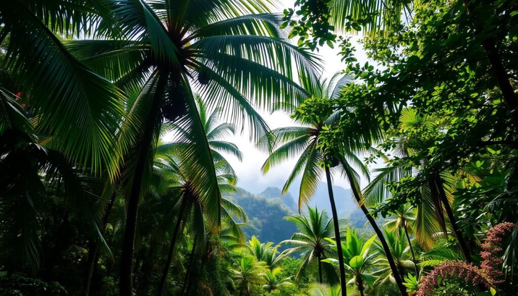 A lush, verdant rainforest canopy fills the frame, with sunlight filtering through the dense foliage. In the foreground, towering palm trees sway gently in a light breeze, their fronds casting delicate shadows on the forest floor. The middle ground is dotted with vibrant, tropical flora, including vibrant flowers and ferns. In the background, a misty, mountainous horizon suggests the presence of the El Yunque National Forest. The overall scene conveys a sense of tranquility, wonder, and the natural beauty of Puerto Rico's iconic rainforest landscape. A lush, verdant rainforest canopy fills the frame, with sunlight filtering through the dense foliage. In the foreground, towering palm trees sway gently in a light breeze, their fronds casting delicate shadows on the forest floor. The middle ground is dotted with vibrant, tropical flora, including vibrant flowers and ferns. In the background, a misty, mountainous horizon suggests the presence of the El Yunque National Forest. The overall scene conveys a sense of tranquility, wonder, and the natural beauty of Puerto Rico's iconic rainforest landscape.