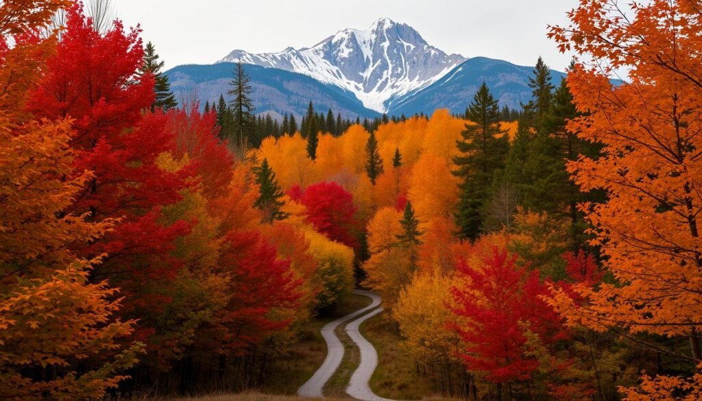 A lush, vibrant landscape of autumn foliage, with a foreground of brightly colored maple and oak trees, their leaves ablaze in shades of red, orange, and gold. In the middle ground, a winding path leads through the forest, inviting the viewer to explore. The background features a towering mountain range, its peaks capped with a dusting of early snow, creating a serene and peaceful atmosphere. The lighting is soft and diffused, casting a warm, golden glow over the scene, as if captured on an overcast October day. The composition is balanced and visually striking, showcasing the natural beauty of the American fall season.
