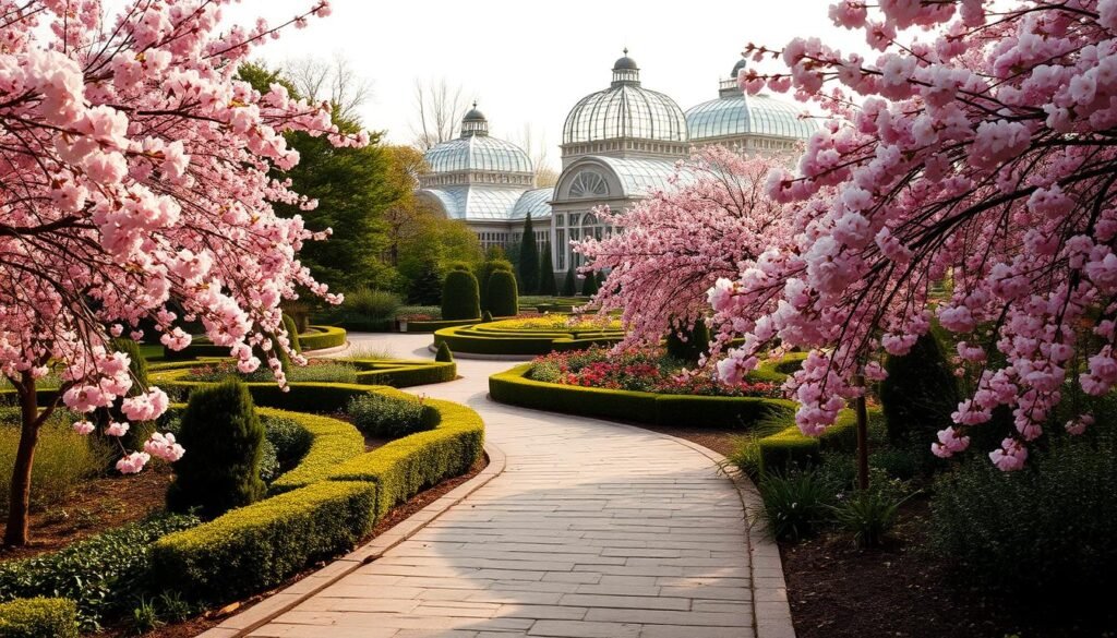 A lush, vibrant springtime scene at the Brooklyn Botanic Garden, with a breathtaking display of cherry blossom trees in full bloom. The delicate pink petals cascade gracefully, creating a serene, almost ethereal atmosphere. In the foreground, a winding stone path leads the viewer through the tranquil garden, inviting exploration. The middle ground features a harmonious blend of greenery, including well-manicured hedges and flourishing flowerbeds. In the background, the ornate Victorian-style glasshouses of the garden's conservatory stand tall, adding an elegant, design-forward touch to the scene. Warm, diffused natural lighting bathes the entire landscape, casting a soft, romantic glow and highlighting the garden's artful architecture and botanical splendor.