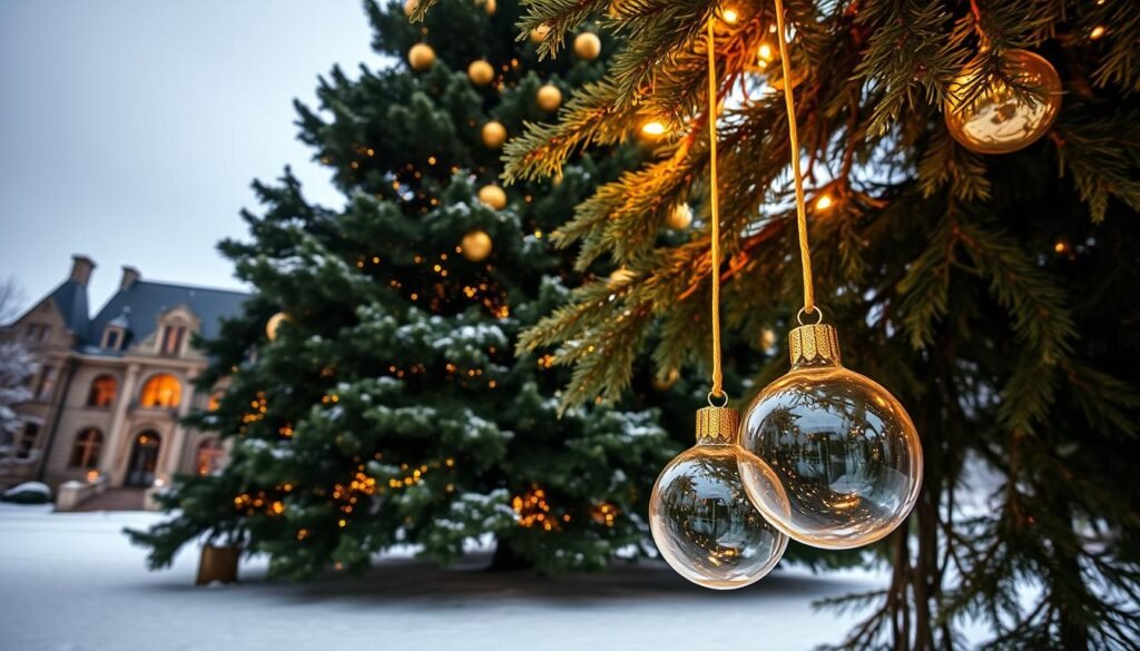 A magnificent Biltmore tree standing tall in the crisp winter air, its branches adorned with shimmering golden ornaments that catch the warm glow of twinkling lights. The stately evergreen rises from a bed of freshly fallen snow, its lush foliage casting a soft, inviting shadow. In the foreground, a pair of elegant glass ornaments hang delicately, reflecting the grandeur of the towering tree. Beyond, a glimpse of the Biltmore Estate's majestic architecture sets the scene, evoking a sense of timeless holiday splendor. Captured through the lens of a wide-angle camera, this image exudes a mood of gilded splendor and cherished tradition.