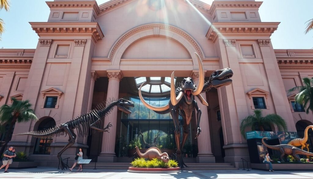 A magnificent natural history museum, standing tall in the heart of Los Angeles. The grand, neo-classical facade exudes an air of timeless elegance, inviting visitors to explore the wonders within. Through the large, ornate entranceway, glimpse the grand atrium, where towering dinosaur skeletons and mammoth fossils stand as silent sentinels, captivating young and old alike. Sunlight filters in through the expansive windows, casting a warm glow upon the displays of exotic flora and fauna, preserved in perfect detail. In the background, dioramas depict lush, prehistoric landscapes, transporting viewers to a bygone era. This temple of knowledge, dedicated to the marvels of the natural world, is a must-visit destination for those seeking to ignite the imagination and wonder of their young explorers. A magnificent natural history museum, standing tall in the heart of Los Angeles. The grand, neo-classical facade exudes an air of timeless elegance, inviting visitors to explore the wonders within. Through the large, ornate entranceway, glimpse the grand atrium, where towering dinosaur skeletons and mammoth fossils stand as silent sentinels, captivating young and old alike. Sunlight filters in through the expansive windows, casting a warm glow upon the displays of exotic flora and fauna, preserved in perfect detail. In the background, dioramas depict lush, prehistoric landscapes, transporting viewers to a bygone era. This temple of knowledge, dedicated to the marvels of the natural world, is a must-visit destination for those seeking to ignite the imagination and wonder of their young explorers.