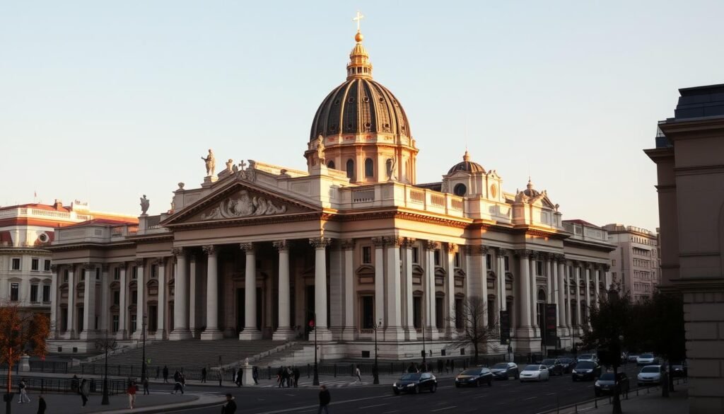A magnificent view of St. Stephen's Basilica, the iconic landmark of Budapest, bathed in warm evening light. The imposing neo-Renaissance façade dominates the foreground, its intricate details and grand columns casting dramatic shadows. The middle ground features the bustling street scene, with pedestrians strolling and cars passing by, creating a lively urban atmosphere. In the background, the iconic dome of the basilica rises majestically, its golden cross-tipped spire reaching towards the sky. The scene is infused with a sense of awe and wonder, inviting the viewer to immerse themselves in the grandeur of this architectural masterpiece.