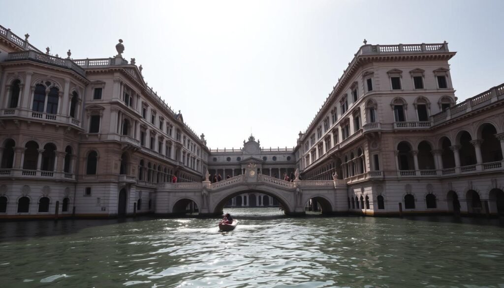 A majestic Renaissance-era palazzo, the Doge's Palace in Venice stands as a testament to the city's storied past. Capture its ornate facade, with intricate carvings and arched windows reflecting in the calm waters of the Adriatic. Wander through the palace's cavernous halls, where sunlight streams in through ornate windows, casting a warm glow upon the opulent interiors. Gaze out from the famous Bridge of Sighs, connecting the palace to the prison, and imagine the emotions of those who crossed its threshold. Evoke a sense of timeless wonder, as the palace's grandeur and the tranquil lagoon create a captivating, historic scene.