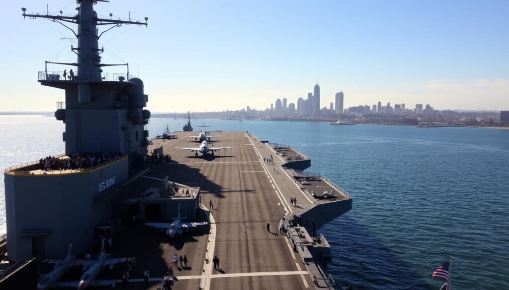 A majestic aircraft carrier anchored at the sparkling San Diego harbor, the USS Midway Museum stands tall, its sleek gray hull and towering bridge casting impressive shadows. The deck is bustling with visitors exploring the flight deck and peering into the hangar bays, where vintage aircraft are meticulously displayed. Warm sunlight bathes the scene, casting a golden glow over the historic vessel and the breathtaking city skyline in the distance. A sense of awe and reverence permeates the atmosphere, inviting visitors to immerse themselves in the rich maritime heritage of this iconic naval landmark. A majestic aircraft carrier anchored at the sparkling San Diego harbor, the USS Midway Museum stands tall, its sleek gray hull and towering bridge casting impressive shadows. The deck is bustling with visitors exploring the flight deck and peering into the hangar bays, where vintage aircraft are meticulously displayed. Warm sunlight bathes the scene, casting a golden glow over the historic vessel and the breathtaking city skyline in the distance. A sense of awe and reverence permeates the atmosphere, inviting visitors to immerse themselves in the rich maritime heritage of this iconic naval landmark.