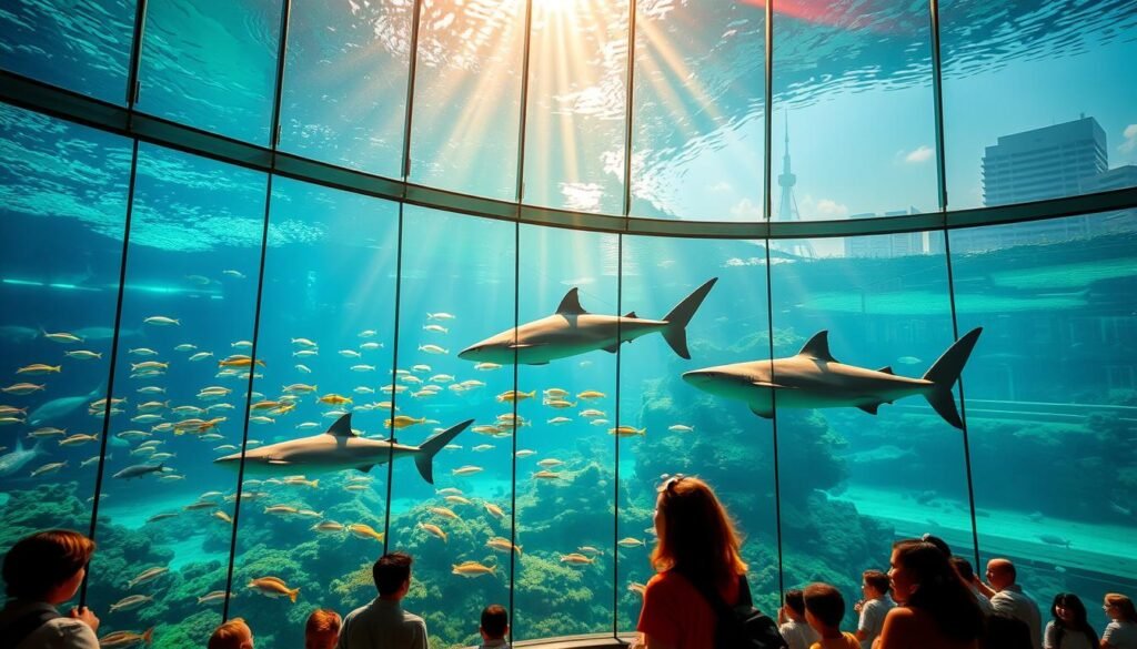 A majestic aquarium nestled in the heart of Osaka's bustling Tempozan Harbor. The Kaiyukan's iconic glass walls glisten under the warm, golden sunlight, offering a breathtaking view of the harbor and the distant Osaka skyline. Inside, schools of vibrant marine life gracefully swim through the expansive tanks, creating a mesmerizing underwater tableau. In the foreground, visitors gaze in awe at the gentle whale sharks, while the middle ground showcases a diverse array of corals, anemones, and other captivating sea creatures. The background features the aquarium's architectural grandeur, with its sleek, modern design seamlessly blending with the natural beauty of the surrounding landscape. An immersive and unforgettable experience that truly captures the essence of Osaka's renowned Kaiyukan Aquarium.