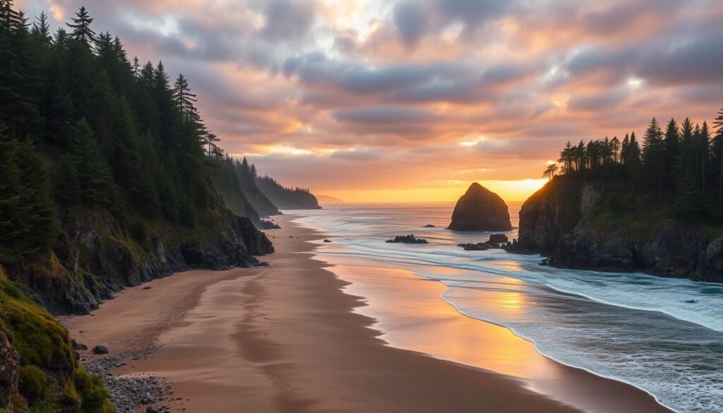 A majestic coastline stretches along the northern shore of Oregon, where the mighty Columbia River meets the boundless Pacific Ocean. A wide sandy beach is framed by towering cliffs, their rugged rock formations sculpted by relentless waves crashing against the shore. Lush evergreen forests cling to the slopes, their verdant canopy casting soft, dappled light onto the scene below. In the distance, the iconic Haystack Rock rises from the sea, its silhouette silhouetted against a dramatic sky filled with warm, golden hues as the sun dips below the horizon, painting the landscape in a breathtaking, ethereal glow.