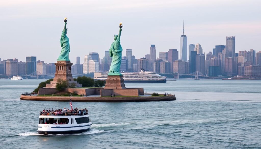 A majestic copper statue standing tall on Liberty Island, her torch held high, facing the iconic New York City skyline in the background. The foreground features the ferry carrying visitors to the island, its wake creating gentle ripples on the calm waters of the harbor. Soft, warm lighting illuminates the statue's weathered, green-tinged exterior, evoking a sense of timeless grandeur. The middle ground showcases the historic Ellis Island, a reminder of the millions who have passed through on their journeys to the United States. The cityscape in the distance, with its towering skyscrapers and bridges, creates a harmonious contrast, showcasing the statue's enduring legacy and the vibrancy of the city it has come to represent. A majestic copper statue standing tall on Liberty Island, her torch held high, facing the iconic New York City skyline in the background. The foreground features the ferry carrying visitors to the island, its wake creating gentle ripples on the calm waters of the harbor. Soft, warm lighting illuminates the statue's weathered, green-tinged exterior, evoking a sense of timeless grandeur. The middle ground showcases the historic Ellis Island, a reminder of the millions who have passed through on their journeys to the United States. The cityscape in the distance, with its towering skyscrapers and bridges, creates a harmonious contrast, showcasing the statue's enduring legacy and the vibrancy of the city it has come to represent.