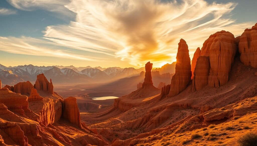 A majestic desert landscape bathed in warm, golden light. In the foreground, towering sandstone formations cast dramatic shadows across the rugged terrain. In the middle ground, a winding trail leads up to a serene alpine lake, surrounded by snow-capped peaks reaching towards the infinite sky. Wispy clouds drift lazily overhead, illuminated by the setting sun. The overall atmosphere exudes a sense of adventure, serenity, and the sheer power of nature.