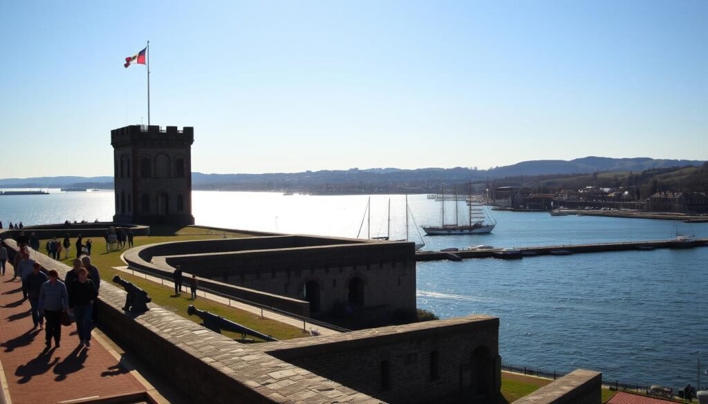 A majestic fortress standing proud on the shores of Newport, Rhode Island. Fort Adams, with its towering stone walls and commanding presence, overlooks the sparkling waters of Narragansett Bay. In the foreground, a group of visitors explores the well-preserved ramparts, their silhouettes casting long shadows as the warm sun filters through. In the middle ground, the fort's intricate architectural details come into focus - the ornate arches, the weathered cannons, and the meticulously laid brickwork. The background showcases the picturesque harbor, where sailboats glide across the tranquil surface, and the rolling hills of the surrounding landscape provide a stunning natural backdrop. This scene captures the perfect balance of history, adventure, and the sheer beauty of the New England coastline.