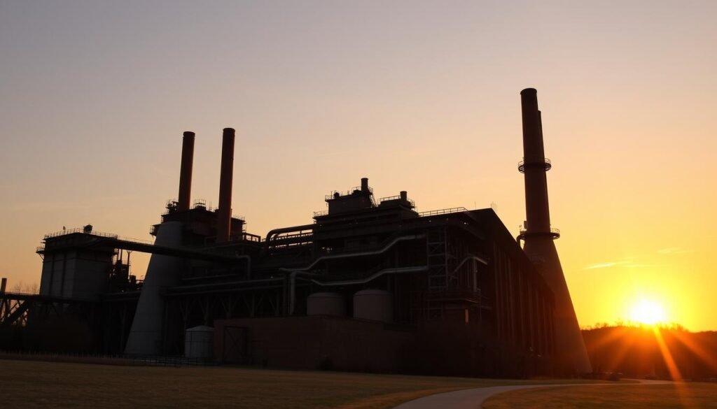A majestic industrial landmark rises against a golden sunset sky. Sloss Furnaces, a preserved 20th-century iron-making complex, stands tall with its towering blast furnaces, smokestacks, and intricate network of pipes. The warm, amber lighting casts dramatic shadows, highlighting the rugged, utilitarian architecture. In the foreground, a path winds through the grounds, inviting visitors to explore this captivating piece of Birmingham's industrial heritage. The scene exudes a sense of history, resilience, and the city's enduring spirit.