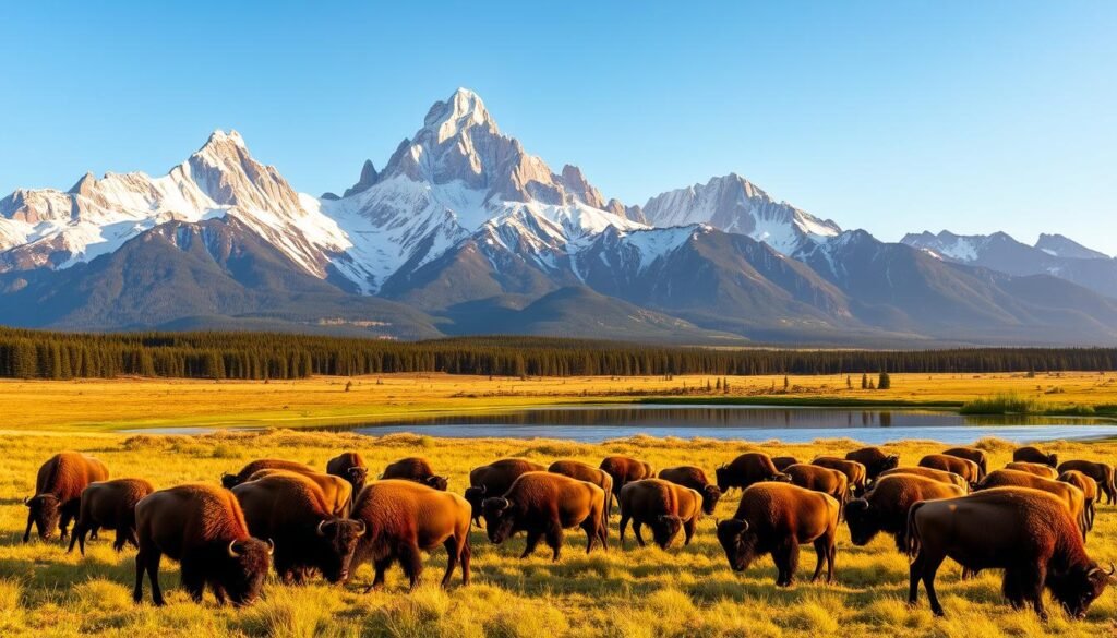 A majestic landscape of Yellowstone National Park, the jewel of the American West. In the foreground, a herd of bison grazes peacefully, their shaggy coats glowing in the warm afternoon light. Towering in the middle ground, the iconic peaks of the Grand Teton mountain range rise dramatically, their snow-capped summits piercing the azure sky. In the distance, a serene alpine lake reflects the surrounding peaks and forests, creating a mirror-like surface that shimmers under the sun's rays. The scene is infused with a sense of tranquility and natural wonder, inviting the viewer to immerse themselves in the awe-inspiring beauty of this pristine wilderness.