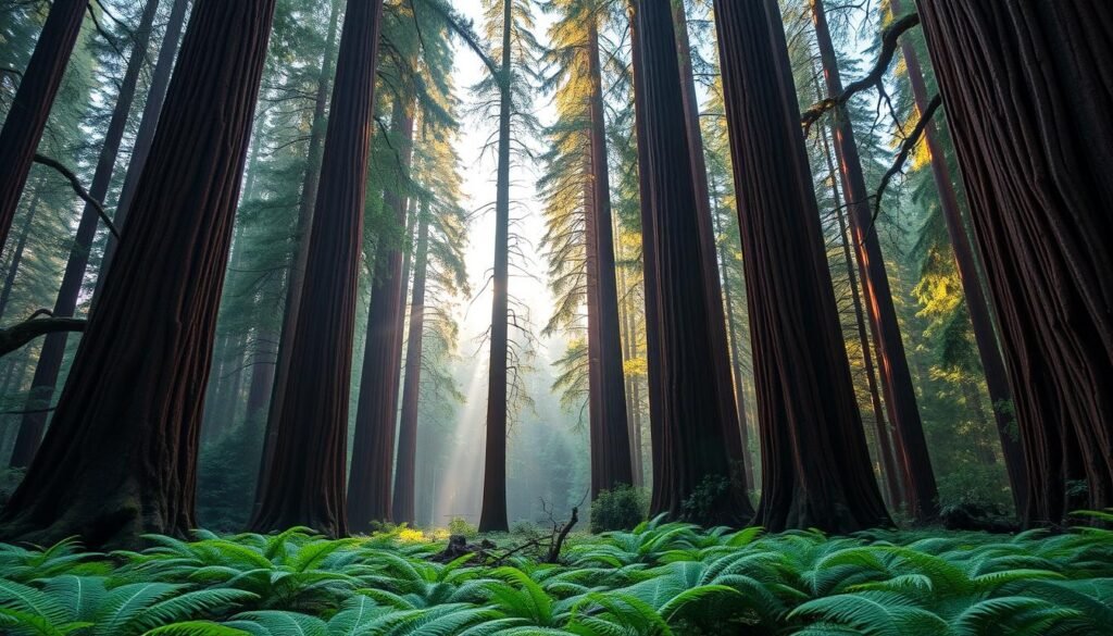 A majestic landscape of towering redwood trees in Redwood National and State Parks, their crimson-hued trunks reaching skyward, dappled in the soft, golden light of the morning sun. The middle ground is a lush carpet of ferns and undergrowth, leading the eye into the distance where the trees recede into a misty, verdant cathedral. A sense of tranquility and timeless wonder pervades the scene, capturing the essence of this primeval forest. Shoot with a wide-angle lens to emphasize the grandeur of the ancient giants, their scale and the serene, natural atmosphere.