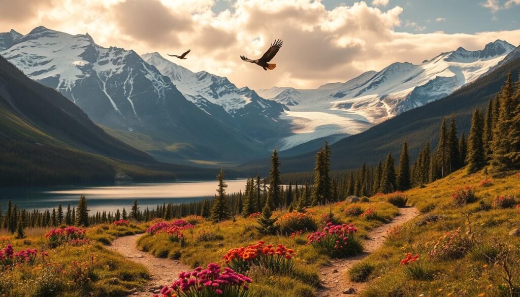 A majestic landscape of towering snow-capped mountains, pristine glacial lakes, and dense boreal forests, all bathed in the warm golden glow of the Alaskan summer sun. In the foreground, a rugged hiking trail winds through a meadow of vibrant wildflowers, leading the viewer deeper into this untamed wilderness. The middle ground features a tranquil lake, its still waters reflecting the surrounding peaks and the silhouettes of soaring bald eagles. In the distance, a rugged glacier cascades down the mountainside, its icy blue hues contrasting with the lush green foliage. The overall scene conveys a sense of awe-inspiring natural beauty and the thrill of adventure in the heart of Alaska, the "Last Frontier."