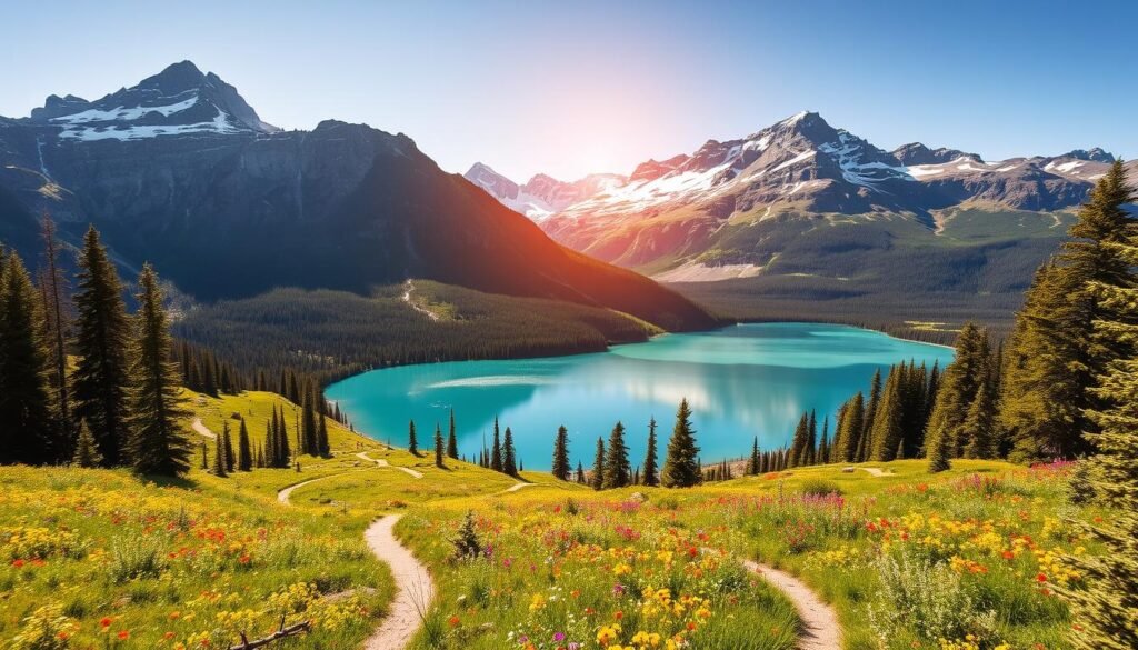 A majestic landscape unfolds, where the jagged peaks of the Canadian Rockies rise majestically against a clear, azure sky. Pristine glacial lakes, their waters shimmering like mirrors, reflect the towering mountains and lush, evergreen forests that surround them. In the foreground, a winding trail leads through a vibrant meadow, dotted with wildflowers in a riot of colors. A gentle breeze rustles the leaves, creating a soothing symphony that echoes across the valley. The warm, golden light filters through the canopy, casting a warm glow over the entire scene, evoking a sense of tranquility and wonder. This is Jasper National Park, a true jewel of the Canadian wilderness, bigger, wilder, and perfectly peaceful. A majestic landscape unfolds, where the jagged peaks of the Canadian Rockies rise majestically against a clear, azure sky. Pristine glacial lakes, their waters shimmering like mirrors, reflect the towering mountains and lush, evergreen forests that surround them. In the foreground, a winding trail leads through a vibrant meadow, dotted with wildflowers in a riot of colors. A gentle breeze rustles the leaves, creating a soothing symphony that echoes across the valley. The warm, golden light filters through the canopy, casting a warm glow over the entire scene, evoking a sense of tranquility and wonder. This is Jasper National Park, a true jewel of the Canadian wilderness, bigger, wilder, and perfectly peaceful.