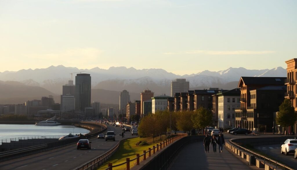 A majestic landscape unfolds, with the snow-capped peaks of the Chugach Mountains rising majestically in the background. In the foreground, the bustling streets of Anchorage come alive, with towering glass skyscrapers and historic buildings casting long shadows under the warm, golden light of a late summer evening. Pedestrians stroll along the Coastal Trail, taking in the serene views of Cook Inlet, where fishing boats dot the glittering waters. The scene is infused with a sense of adventure and the rugged beauty that defines Alaska, the 'Last Frontier.'