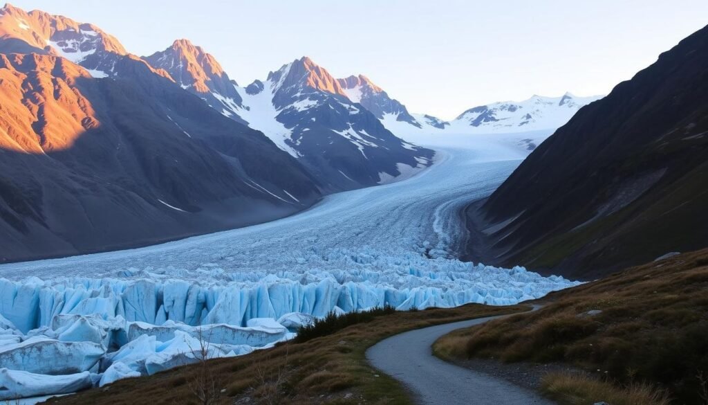 A majestic landscape where towering mountains meet the icy expanse of Exit Glacier. The glacier's striking blue hues stretch across the frame, its jagged edges and crevasses creating a dramatic, otherworldly scene. In the foreground, a winding trail leads the viewer towards the glacier, inviting exploration. The surrounding peaks are bathed in warm, golden sunlight, casting long shadows that add depth and dimension to the image. A crisp, clear sky provides the perfect backdrop, emphasizing the scale and grandeur of this iconic Alaskan natural wonder. The overall atmosphere conveys a sense of awe and adventure, capturing the essence of the Harding Icefield and the allure of Alaska's stunning glacial landscapes.