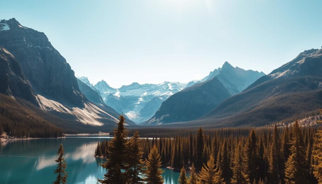 A majestic mountain landscape, the Canadian Rockies stand tall and proud. In the foreground, a crystal-clear lake reflects the towering peaks, their snow-capped summits reaching towards the heavens. The middle ground is dotted with evergreen forests, their dark green hues contrasting with the rocky outcrops. In the distance, a range of rugged mountains stretches out, their jagged silhouettes etched against a crisp, azure sky. Warm, golden sunlight bathes the scene, casting a warm and inviting glow. A wide-angle lens captures the grandeur of this awe-inspiring natural wonder, inviting the viewer to immerse themselves in the breathtaking beauty of this iconic Canadian landscape. A majestic mountain landscape, the Canadian Rockies stand tall and proud. In the foreground, a crystal-clear lake reflects the towering peaks, their snow-capped summits reaching towards the heavens. The middle ground is dotted with evergreen forests, their dark green hues contrasting with the rocky outcrops. In the distance, a range of rugged mountains stretches out, their jagged silhouettes etched against a crisp, azure sky. Warm, golden sunlight bathes the scene, casting a warm and inviting glow. A wide-angle lens captures the grandeur of this awe-inspiring natural wonder, inviting the viewer to immerse themselves in the breathtaking beauty of this iconic Canadian landscape.