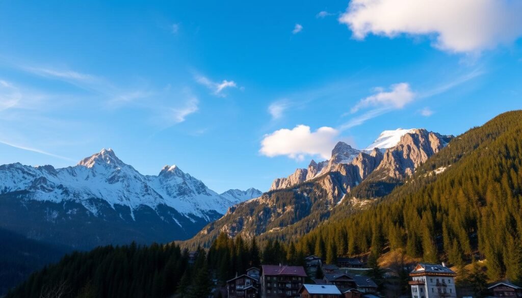 A majestic mountain landscape, with snow-capped peaks piercing the azure sky. In the foreground, a quaint alpine town nestled among the verdant pines, its roofs dusted with the season's first snowfall. Wispy clouds drift lazily above, casting gentle shadows across the rugged terrain. The warm glow of the late-afternoon sun bathes the scene in a golden hue, highlighting the contrast between the stark, jagged rocks and the softer, more inviting elements below. A sense of tranquility and timelessness pervades the air, inviting the viewer to pause and immerse themselves in the serene beauty of this enchanting mountain retreat. A majestic mountain landscape, with snow-capped peaks piercing the azure sky. In the foreground, a quaint alpine town nestled among the verdant pines, its roofs dusted with the season's first snowfall. Wispy clouds drift lazily above, casting gentle shadows across the rugged terrain. The warm glow of the late-afternoon sun bathes the scene in a golden hue, highlighting the contrast between the stark, jagged rocks and the softer, more inviting elements below. A sense of tranquility and timelessness pervades the air, inviting the viewer to pause and immerse themselves in the serene beauty of this enchanting mountain retreat.