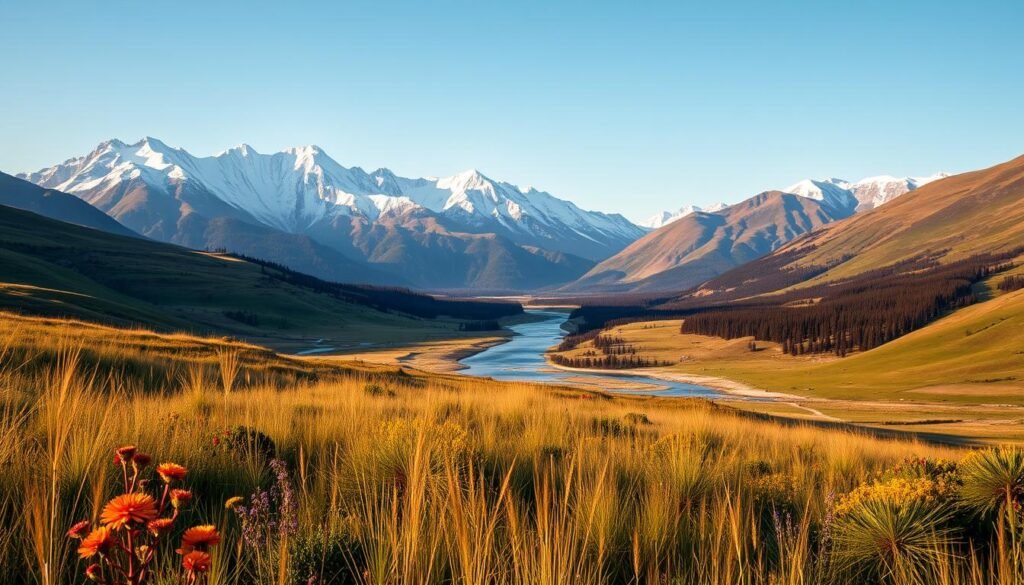 A majestic mountain range stretches across the horizon, their snow-capped peaks reaching towards the heavens. The foreground is dominated by a rolling meadow, dotted with vibrant wildflowers and swaying grasses that dance in the gentle breeze. In the middle ground, a pristine river winds its way through the valley, its crystal-clear waters reflecting the azure sky above. The scene is bathed in warm, golden light, creating a sense of tranquility and natural splendor. The overall atmosphere conveys the rugged beauty and peaceful serenity that embodies the essence of Montana's breathtaking landscapes.