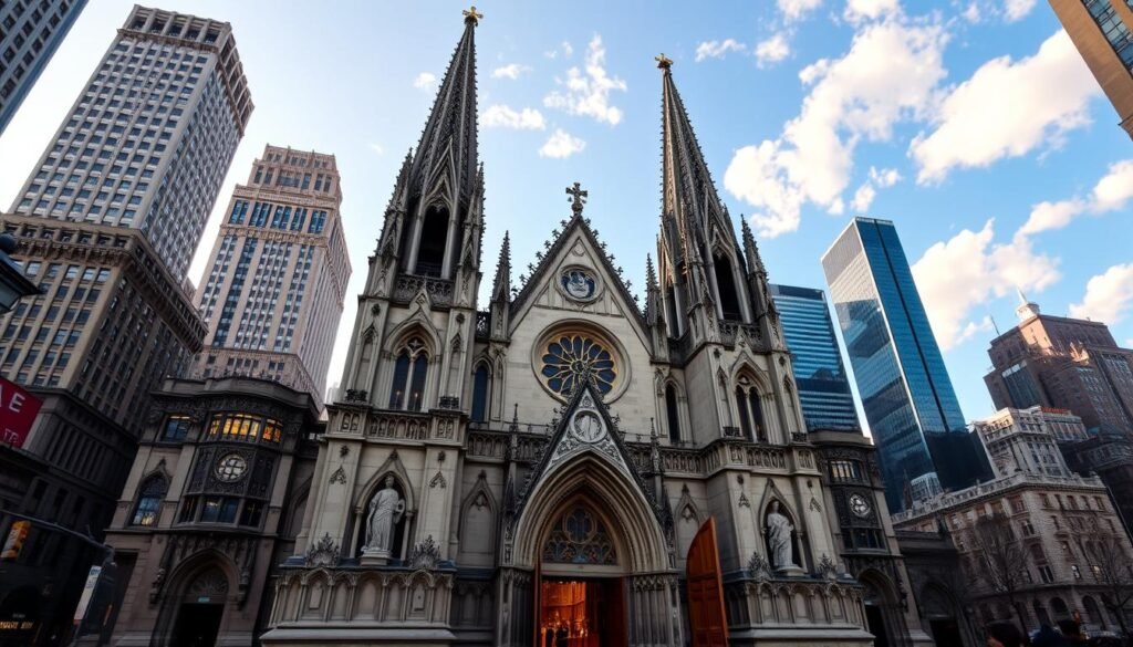 A majestic neo-Gothic cathedral with ornate spires and towers, St. Patrick's Cathedral stands tall amidst the bustling streets of New York City. The facade is bathed in warm, soft lighting, casting an air of serenity and tranquility. The foreground features intricate stone carvings and detailed statues, drawing the eye inward. Through the massive oak doors, the interior is revealed - a sanctuary of soaring arches, stained glass, and polished marble, offering a serene respite from the urban chaos outside. The middle ground showcases the cathedral's impressive scale, surrounded by the towering skyscrapers of midtown Manhattan. In the background, a clear sky dotted with fluffy clouds completes the picturesque scene, evoking a sense of timeless grandeur. A majestic neo-Gothic cathedral with ornate spires and towers, St. Patrick's Cathedral stands tall amidst the bustling streets of New York City. The facade is bathed in warm, soft lighting, casting an air of serenity and tranquility. The foreground features intricate stone carvings and detailed statues, drawing the eye inward. Through the massive oak doors, the interior is revealed - a sanctuary of soaring arches, stained glass, and polished marble, offering a serene respite from the urban chaos outside. The middle ground showcases the cathedral's impressive scale, surrounded by the towering skyscrapers of midtown Manhattan. In the background, a clear sky dotted with fluffy clouds completes the picturesque scene, evoking a sense of timeless grandeur.