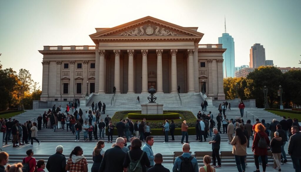 A majestic neoclassical building stands tall, its ornate columns and grand entrance inviting visitors to explore the rich history within. The sun casts a warm, golden glow, illuminating the intricate details of the facade. In the foreground, a diverse crowd gathers, their expressions a mix of reverence and contemplation, as they ascend the marble steps leading to the museum's entrance. The middle ground features a serene plaza, dotted with strategically placed benches and lush greenery, creating a peaceful respite for reflection. In the background, the urban skyline of Birmingham, Alabama, rises, a testament to the city's resilience and progress. The overall scene exudes a sense of dignified solemnity, befitting the importance of the civil rights movement that is celebrated within the museum's walls.