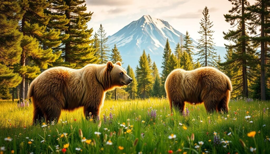 A majestic pair of grizzly bears standing in a lush, verdant meadow of wildflowers in the heart of the Montana wilderness. The bears, their muscular frames covered in rich, golden-brown fur, exude a powerful, yet serene presence as they survey their surroundings. Warm, dappled sunlight filters through the towering pine trees, casting a soft glow over the scene. In the distance, a snow-capped mountain peak rises majestically, completing the picturesque, awe-inspiring landscape. The image conveys a sense of harmony between these magnificent creatures and their natural habitat, inviting the viewer to appreciate the wonders of Montana's wildlife. A majestic pair of grizzly bears standing in a lush, verdant meadow of wildflowers in the heart of the Montana wilderness. The bears, their muscular frames covered in rich, golden-brown fur, exude a powerful, yet serene presence as they survey their surroundings. Warm, dappled sunlight filters through the towering pine trees, casting a soft glow over the scene. In the distance, a snow-capped mountain peak rises majestically, completing the picturesque, awe-inspiring landscape. The image conveys a sense of harmony between these magnificent creatures and their natural habitat, inviting the viewer to appreciate the wonders of Montana's wildlife.