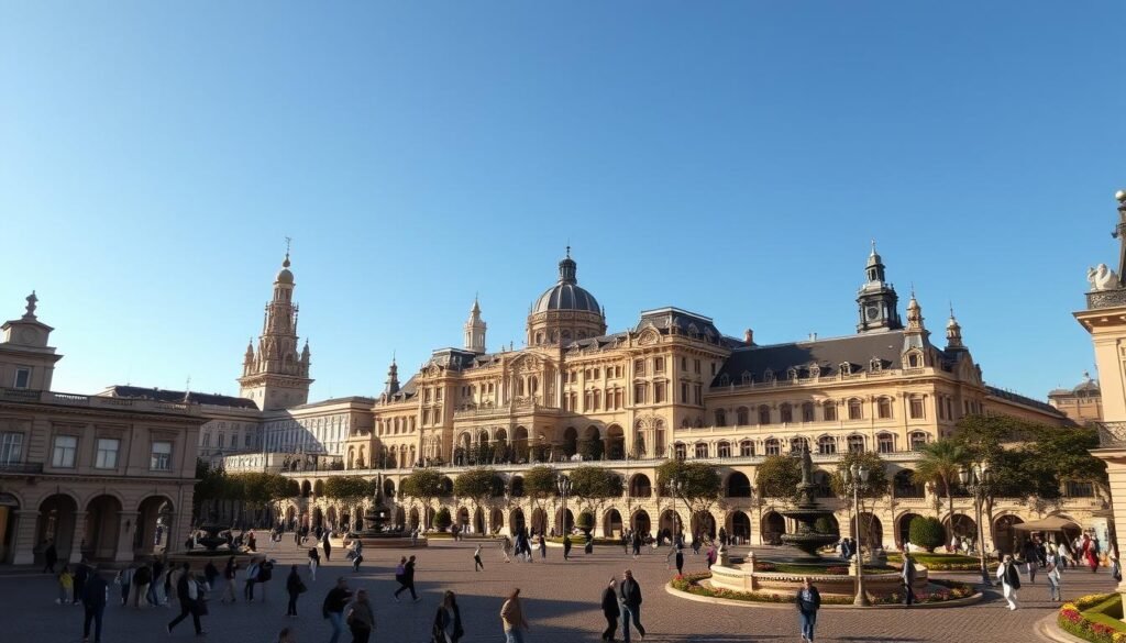 A majestic palace city, with grand architectural structures rising against a clear, azure sky. Ornate towers and turrets adorn the skyline, their intricate details shimmering in the golden afternoon sunlight. In the foreground, a bustling plaza teems with life, as locals and visitors stroll amidst the cobblestone streets, admiring the elegant facades and ornamental gardens. The scene is imbued with a sense of timeless elegance and cultural heritage, inviting the viewer to step back in time and explore the rich design and architectural legacy of this captivating destination.