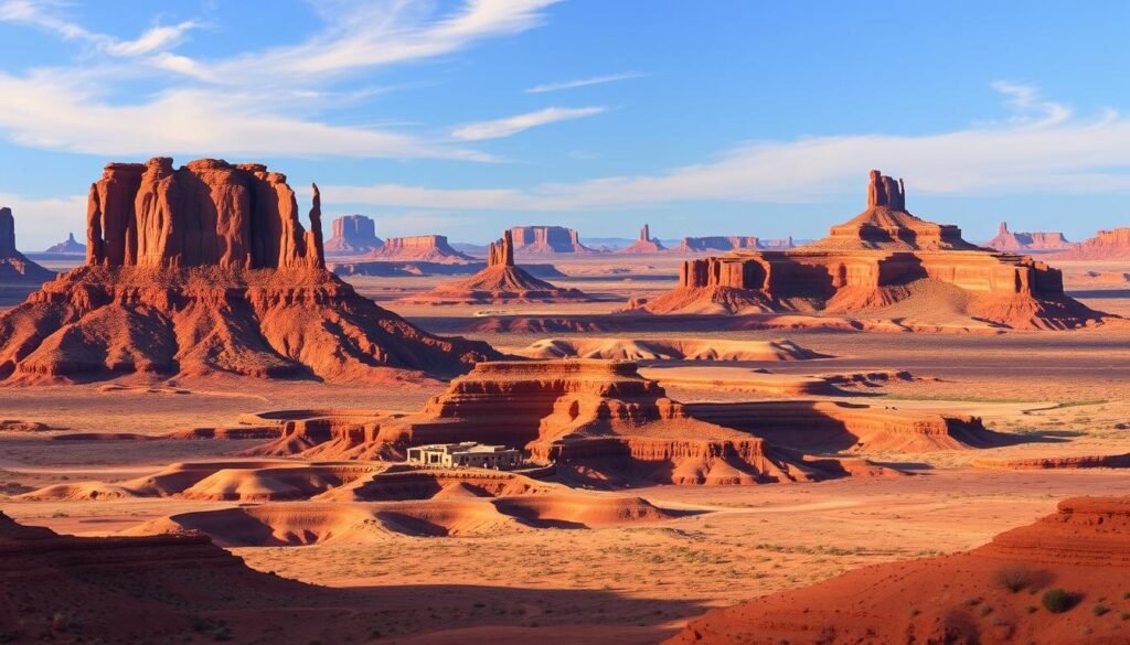 A majestic panorama of Arizona's most iconic historic landmarks, bathed in warm desert light. In the foreground, the towering red sandstone buttes of Monument Valley stand proud against a cloudless azure sky. In the middle ground, the ancient Hopi mesas rise up, their timeless pueblos clinging to the cliffs. In the distance, the magnificent dome of Montezuma Castle National Monument pierces the horizon, a testament to the enduring legacy of the region's indigenous peoples. The scene is imbued with a sense of timeless wonder, inviting the viewer to step into Arizona's rich tapestry of history and culture.