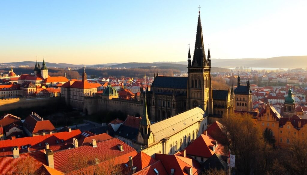 A majestic, panoramic view of Prague Castle, its towering spires and ancient walls rising majestically against a golden-hour sky. In the foreground, the iconic St. Vitus Cathedral stands tall, its neo-gothic architecture and intricate details illuminated by warm, directional lighting. The middle ground features the sprawling castle complex, with its variety of architectural styles, from Romanesque to Renaissance, inviting exploration. In the background, the rolling hills of Prague's historic cityscape stretch out, creating a breathtaking backdrop. The scene evokes a sense of timeless grandeur and historical significance, perfectly capturing the essence of this iconic Prague landmark.