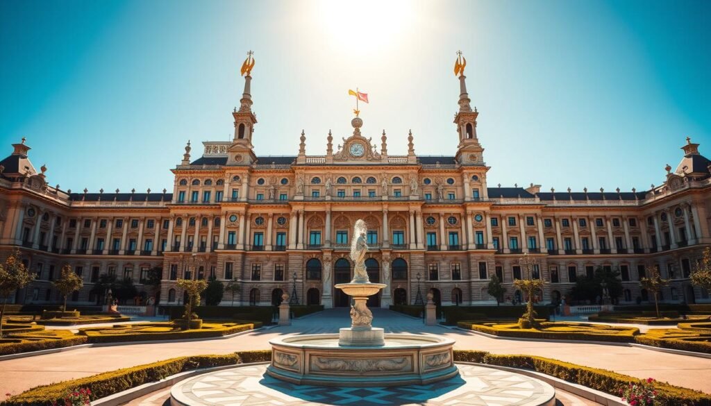 A majestic royal palace rising against a clear azure sky, its grand façade adorned with intricate architectural details and elegant spires. The foreground showcases the ornate central courtyard, with a stunning marble fountain at its heart, surrounded by meticulously landscaped gardens and lush greenery. The middle ground features the grand entrance, flanked by towering columns and ornamental gates, inviting visitors to step into the realm of royal splendor. Warm, golden sunlight bathes the scene, casting a warm, regal glow and accentuating the palace's timeless beauty. Atmospheric and immersive, this image captures the essence of Madrid's Royal Palace, a testament to the city's rich history and cultural heritage. A majestic royal palace rising against a clear azure sky, its grand façade adorned with intricate architectural details and elegant spires. The foreground showcases the ornate central courtyard, with a stunning marble fountain at its heart, surrounded by meticulously landscaped gardens and lush greenery. The middle ground features the grand entrance, flanked by towering columns and ornamental gates, inviting visitors to step into the realm of royal splendor. Warm, golden sunlight bathes the scene, casting a warm, regal glow and accentuating the palace's timeless beauty. Atmospheric and immersive, this image captures the essence of Madrid's Royal Palace, a testament to the city's rich history and cultural heritage.