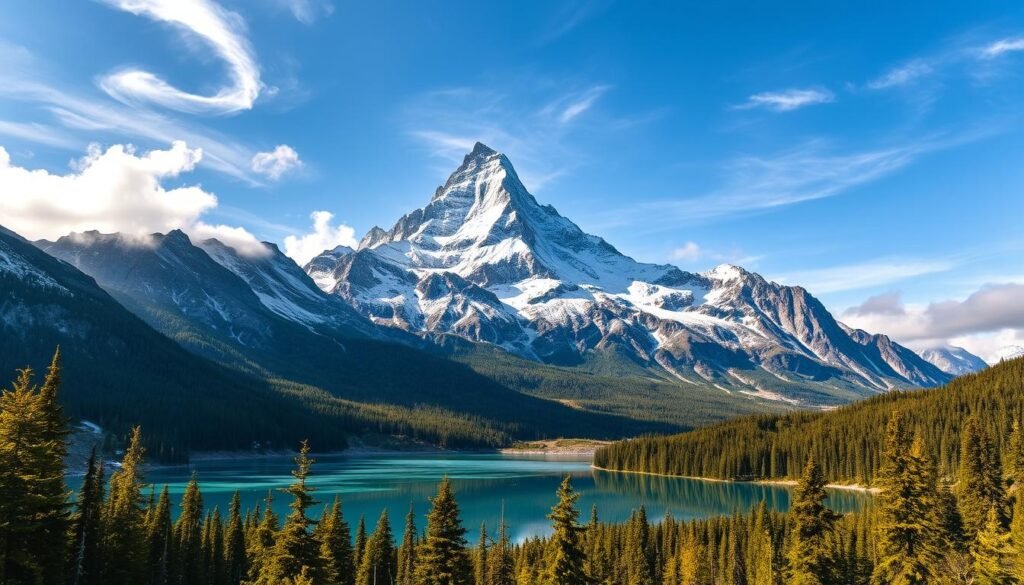 A majestic snow-capped mountain peak piercing the azure sky, its jagged ridges casting dramatic shadows across the rugged terrain below. In the foreground, a pristine alpine lake reflects the towering summits, its crystal-clear waters surrounded by a carpet of lush, verdant evergreen forests. Soft, diffused lighting filters through wispy clouds, casting a warm, golden glow over the entire scene, evoking a sense of tranquility and awe. The composition emphasizes the scale and grandeur of the natural landscape, drawing the viewer into a serene, winter-to-summer mountain wonderland.