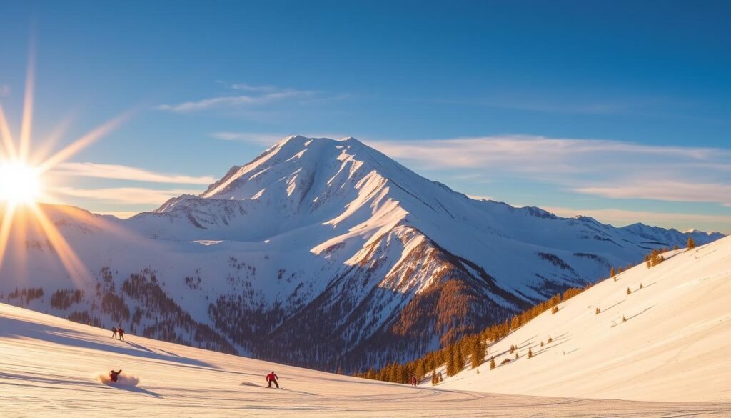 A majestic snow-capped peak piercing the azure sky, Mt. Bachelor stands proud in the Cascade Range. The sun's golden rays illuminate the rugged volcanic slopes, casting a warm glow on the pristine winter landscape. In the foreground, skiers carve graceful turns through the powdery snow, their laughter echoing across the mountain. As the seasons change, the scene transforms, revealing lush alpine meadows and winding hiking trails that beckon adventurers to explore the diverse terrain. Capture the grandeur of this iconic Oregon landmark, a true four-season playground for outdoor enthusiasts.