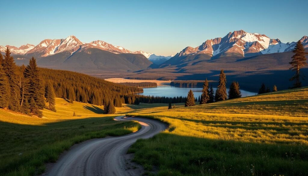 A majestic state park vista, captured in golden afternoon light. Towering snow-capped peaks rise in the distant background, their jagged silhouettes reflecting in a serene alpine lake. In the middle ground, lush evergreen forests give way to rolling meadows dotted with wildflowers. In the foreground, a winding dirt trail leads the eye through the scene, inviting the viewer to explore this pristine wilderness. The overall mood is one of tranquility and awe-inspiring natural beauty, perfectly encapsulating the charm and serenity of a scenic drive through the Montana countryside. A majestic state park vista, captured in golden afternoon light. Towering snow-capped peaks rise in the distant background, their jagged silhouettes reflecting in a serene alpine lake. In the middle ground, lush evergreen forests give way to rolling meadows dotted with wildflowers. In the foreground, a winding dirt trail leads the eye through the scene, inviting the viewer to explore this pristine wilderness. The overall mood is one of tranquility and awe-inspiring natural beauty, perfectly encapsulating the charm and serenity of a scenic drive through the Montana countryside.
