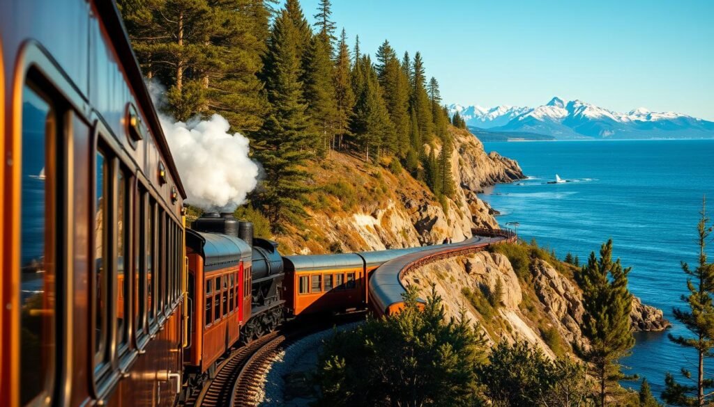 A majestic train chugging along the picturesque North Shore of Lake Superior, its engine belching steam into the crisp, clear air. The locomotive winds through a lush, forested landscape, the tracks hugging the rugged cliffs that plunge into the deep blue waters. Sunlight filters through the tall pines, casting a warm glow on the vintage passenger cars, their gleaming brass fittings and weathered wooden panels evoking a bygone era. In the distance, the dramatic silhouette of the Sawtooth Mountains rises against the horizon, their jagged peaks capped with snow. The scene exudes a sense of tranquility and adventure, inviting passengers to immerse themselves in the breathtaking natural beauty of Duluth, Minnesota.