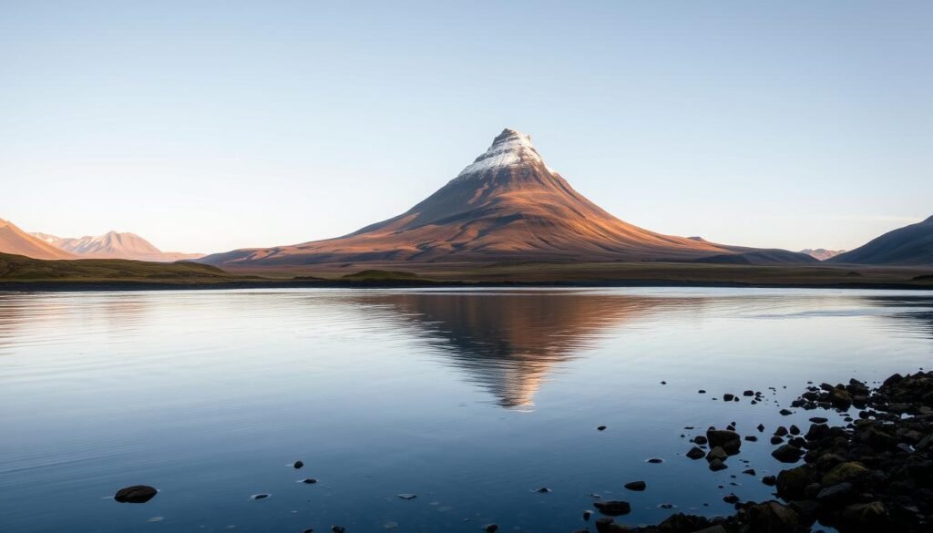 A majestic view of Kirkjufell, the iconic cone-shaped mountain on Iceland's Snaefellsnes Peninsula. In the foreground, a tranquil lake reflects the mountain's silhouette, its glassy surface punctuated by small ripples. Midground, the rugged, moss-covered lava fields stretch towards the base of the mountain, framed by the rolling hills and dramatic cliffs that characterize the Icelandic landscape. In the distance, the mountain rises up, its snow-capped peak piercing the crisp, clear sky, bathed in warm, golden light. The scene conveys a sense of serene, natural grandeur, capturing the essence of "Iceland in Miniature" on the Snaefellsnes Peninsula.