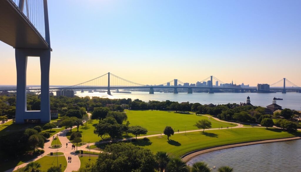 A majestic view of Mount Pleasant, South Carolina, with the iconic Arthur Ravenel Jr. Bridge towering in the foreground. The bridge's graceful arches span the Cooper River, casting dramatic shadows on the glistening water below. In the middle ground, the lush greenery of Mount Pleasant Waterfront Park stretches out, dotted with strolling pedestrians and cyclists enjoying the scenic vistas. The background is dominated by the picturesque Charleston skyline, its historic buildings and church steeples silhouetted against a warm, golden sunset sky. The scene exudes a sense of tranquility and natural beauty, perfectly capturing the iconic bridges and breathtaking views that make this area a must-see attraction.