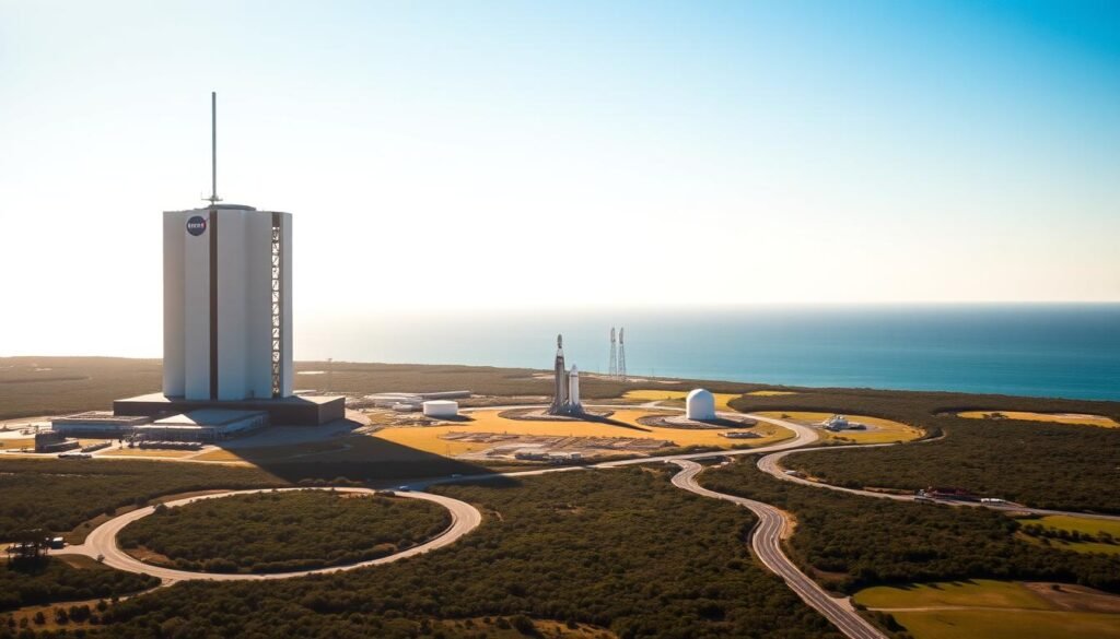 A majestic view of the Kennedy Space Center, nestled against a vibrant blue sky. The iconic Vehicle Assembly Building dominates the foreground, its towering silhouette casting dramatic shadows across the landscape. In the middle ground, the launch pads stand ready, framed by sleek rocket gantries and the winding roads leading visitors to the center. In the distance, the serene waters of the Atlantic Ocean glisten, creating a sense of peaceful anticipation for the next thrilling liftoff. The scene is illuminated by warm, golden sunlight, evoking a sense of wonder and technological prowess that embodies the spirit of space exploration.