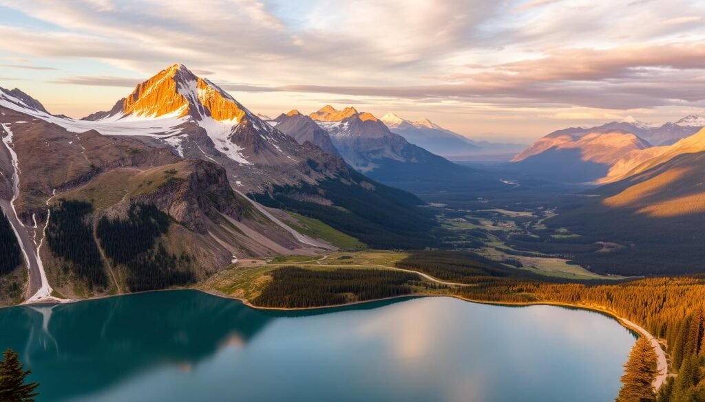 A majestic vista of Glacier National Park, Montana, under a golden hour sky. In the foreground, a serene alpine lake reflects the rugged peaks of the Rocky Mountains. Towering glaciers cling to the mountainsides, their icy surfaces glistening in the warm light. The iconic Going-to-the-Sun Road winds through the middle ground, offering a glimpse of the park's dramatic landscapes. In the distance, lush forests and meadows stretch out, framed by a dramatic mountainous backdrop. The scene exudes a sense of wild, untamed beauty, capturing the essence of this iconic American wilderness.