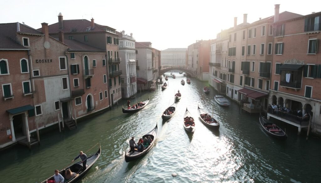 A maze of winding canals, gondolas gliding silently through the shimmering waters, the soft echo of laughter and conversation drifting through the air. The sun casts a warm glow over the weathered brick facades, casting long shadows that dance across the surface of the canals. A sense of timelessness pervades the scene, as if one has stepped back in time. Narrow alleyways invite exploration, leading to hidden courtyards and intimate piazzas. The city seems to unfold organically, inviting the visitor to get lost in its enchanting embrace, to abandon the map and let the canals guide the way.
