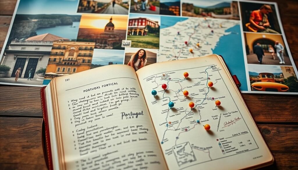 A meticulously detailed blueprint of a Portugal travel itinerary, depicted with a warm, vintage aesthetic. In the foreground, a well-worn travel journal lies open, its pages filled with handwritten notes and sketches of picturesque landscapes. The middle ground showcases a map dotted with colorful pins, tracing the ideal route through charming coastal towns and historic cities. In the background, a collage of captivating travel photography sets the mood - golden sunsets, cobblestone streets, and vibrant local culture. The lighting is soft and natural, evoking a sense of timeless exploration. This image captures the essence of the "My easy trip blueprints: days, routes, and must-see highlights" section, inspiring the reader to plan their own unforgettable journey through the wonders of Portugal.